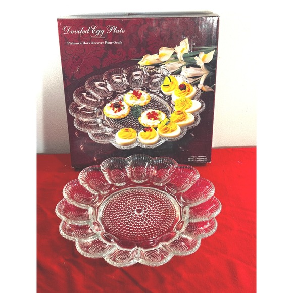 Other - Vintage Clear Glass Deviled Egg Plate 11 Inch Scalloped Hobnail Platter with Box
